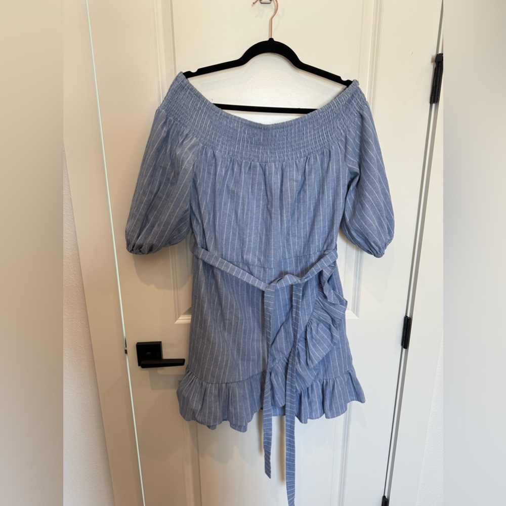 Vici Dolls Off The Shoulder Blue White Stripe Dress - L